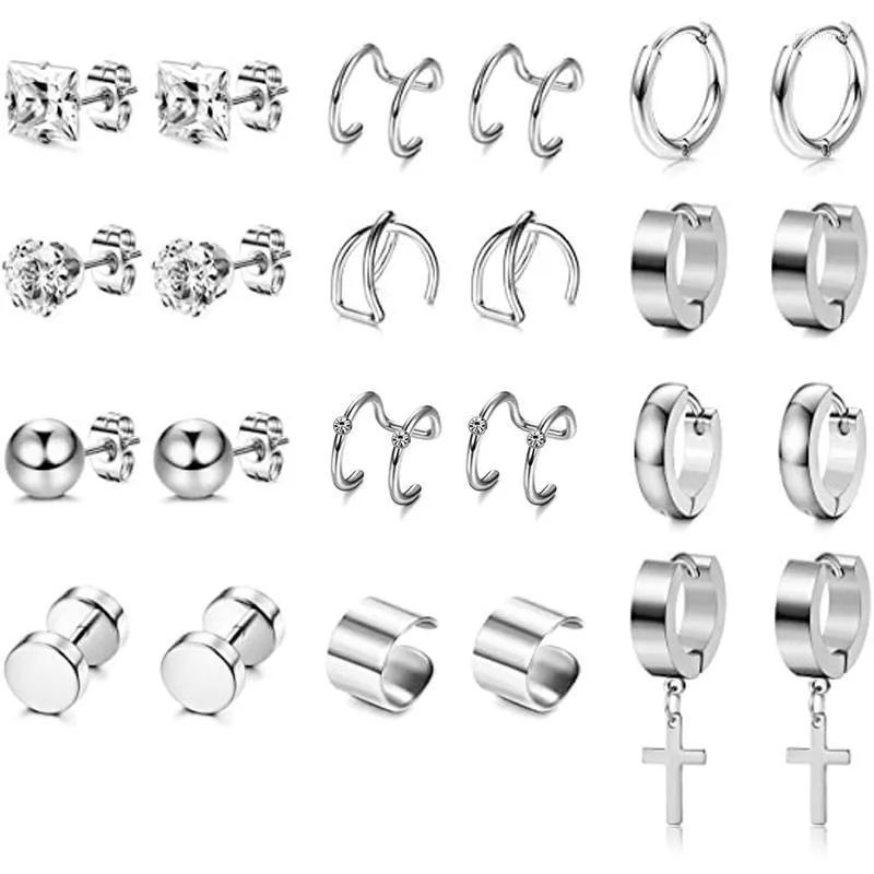 Stud 12 Pairs Stainless Steel Earrings Huggie Dangle Earring Ear Cuff Cross Hoop Set For Women And Men Moni22