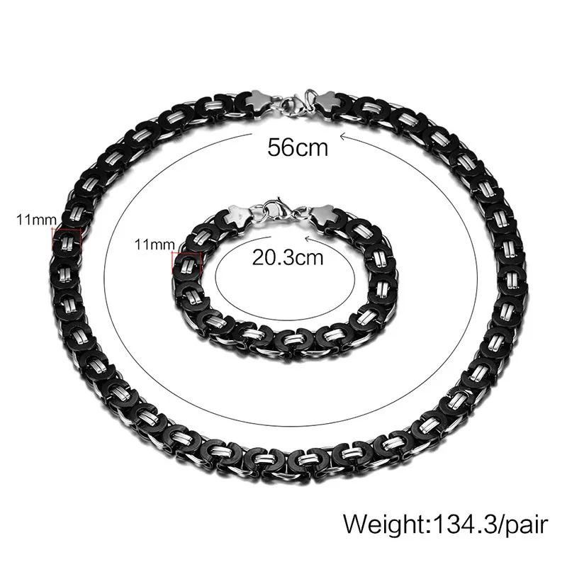 Newest Women Men 8mm/11mm Wide Silver Black Stainless Steel Fashion Flat Byzantine Link Chain Necklace Bracelet one Jewelry Set