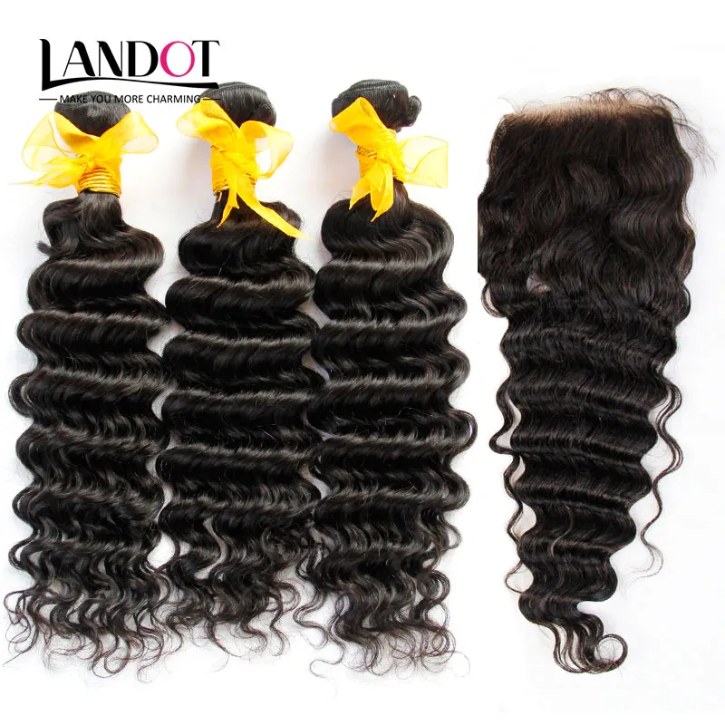 Malaysian Virgin Hair Deep Wave With Closure 8A Unprocessed Curly Human Hair Weaves 3 Bundles And Top Lace Closures Natural Black Wefts