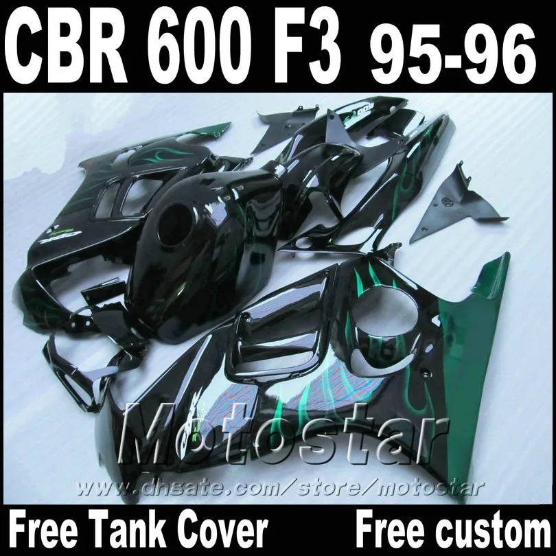 Gratis tank Motorcykeldelar till Honda Fairings CBR600 F3 1995 1996 Gröna flammor i svart CBR 600 F3 95 96 Fairing Kit