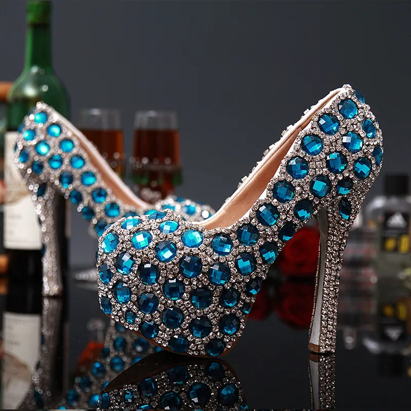 Mode nouveau mariage chaussures de mariée femme à talons hauts bleu cristal femmes chaussures fête la nouvelle princesse strass femmes chaussures