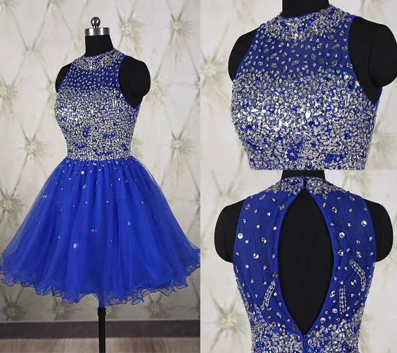 Royal Blue formal vestido de baile plissado mini vestidos de noite curtos vestidos de noite com lantejoulas de frisado colarinho de comprimento do joelho