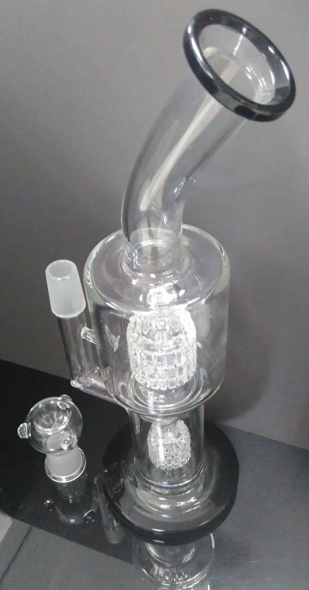 2015 new 11 inches Glass Bong with double Matrix Perc Water Pipe black color 14.4mm joint good quality 