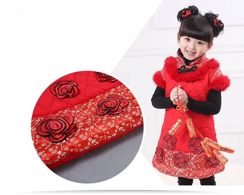 Ano Novo baby meninas roupas chinês estilo veste vestido de Natal vestido crianças crianças crianças vestidos de inverno grosso vestido vermelho quente com pele