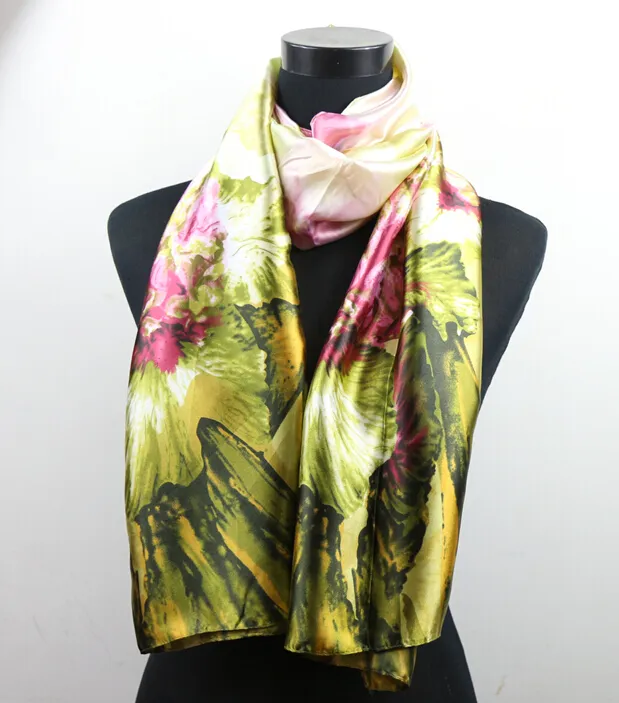 1pcs Pink Flower Hunter Leaves Scarves Women's Fashion Satin Oil Painting Long Wrap Shawl Beach Silk Scarf 160X50cm