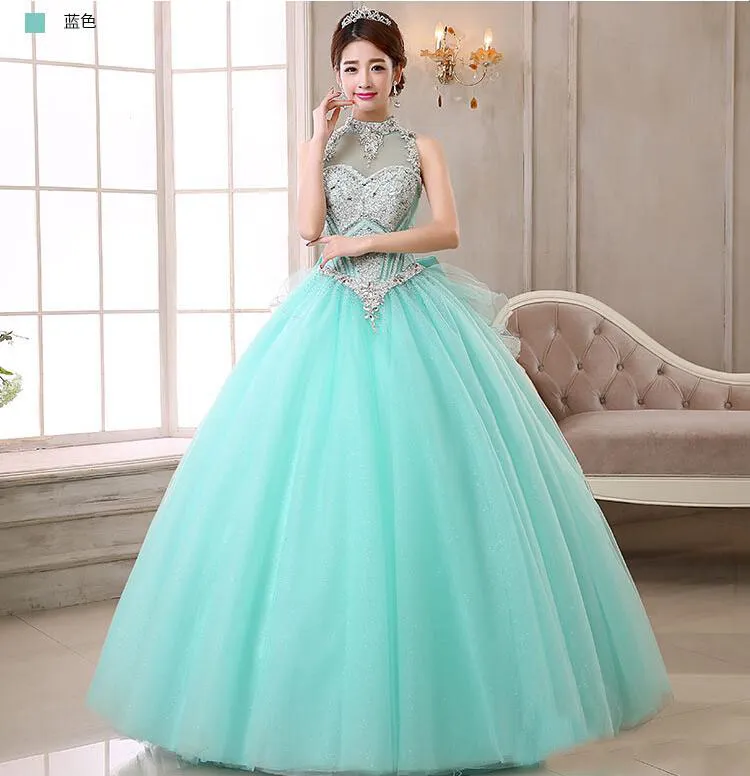 Mint GreenCoral Ball Gown Tulle Crystal BlingBling Quinceanera Dresses 2019 High Neck Customized Floor Length Bridal Masquer Outf38074925