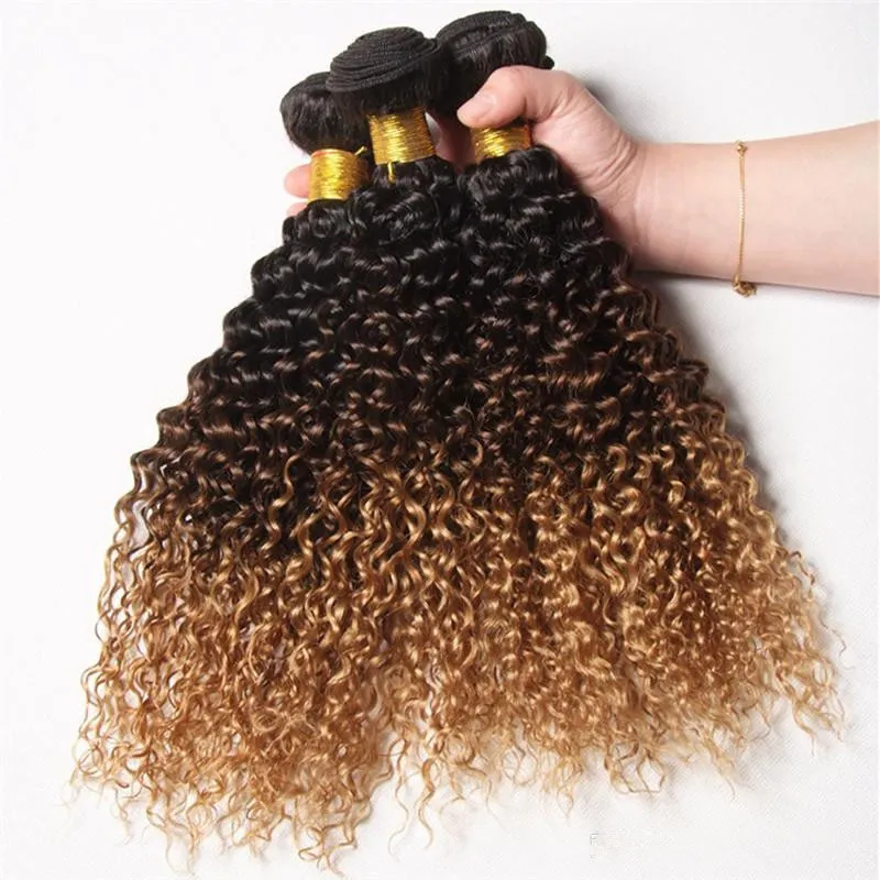 Betyg 9a Peruvian Virgin Hair Kinky Curly Weaves Tre 3 Tone 1B 4 27 Honung Blondin Ombre Mänskliga Hårförlängningar 3 Bundlar 