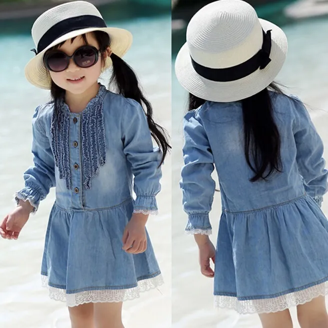 Abito in pizzo denim per bambini Abito da principessa Abito in denim a maniche lunghe per ragazza Abbigliamento da cowboy Abito in denim blu sottile Abito in jeans per ragazza Abito per bambini in stock