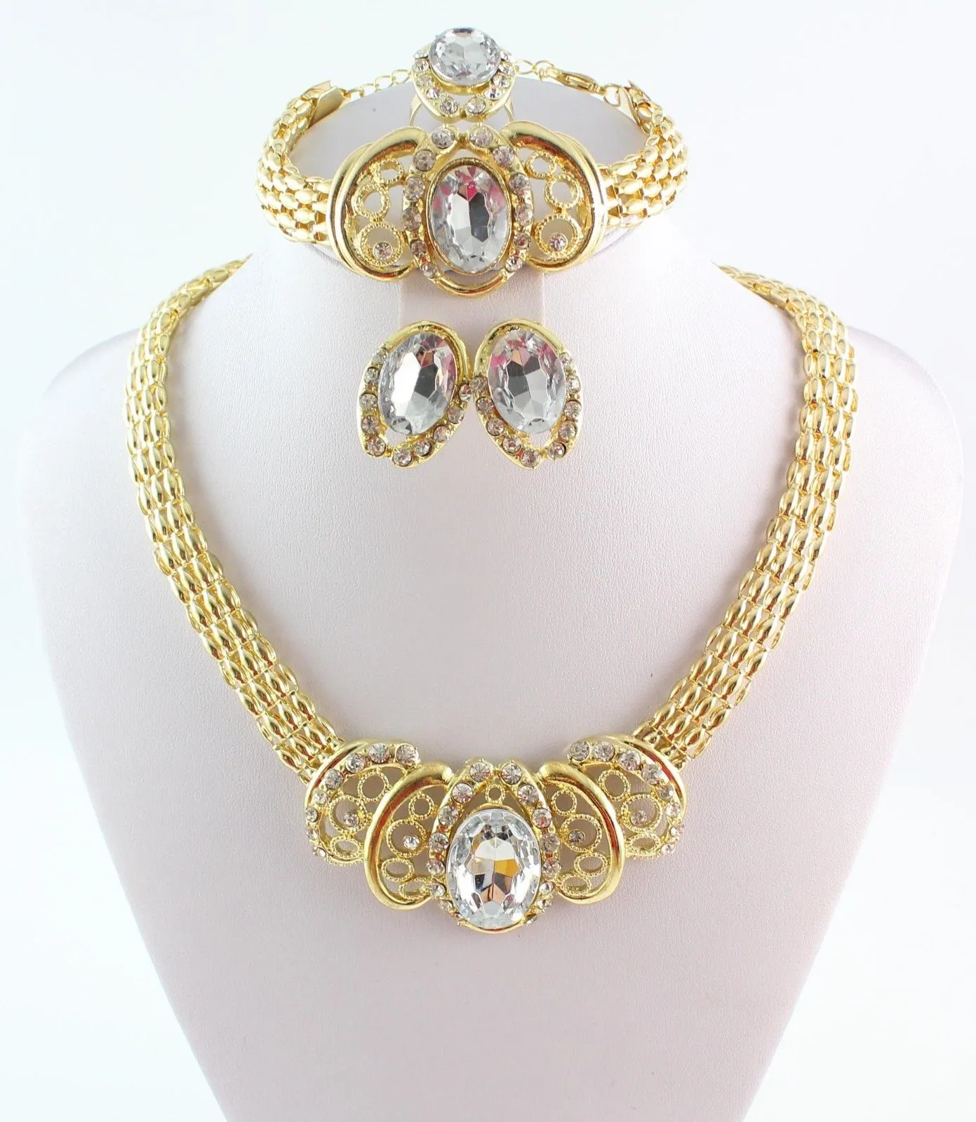 Nieuwe Collectie Vergulde Bruiloft Sieraden Set Classic Rhinestone Ketting Set Dubai Afrikaanse Kostuum Huwelijk