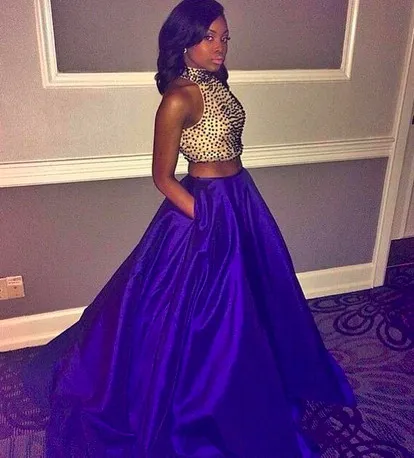 2016 Black Girl Two Pieces Evening Gowns Dresses Beaded Top and Taffeta Ball Gown Halter Prom Gowns Party Dresses