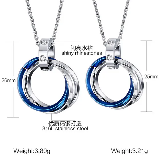 Argent bleu noir or trois couleurs à choisir mode acier inoxydable cristal 3 cercles pendentif Couple colliers charme cadeaux