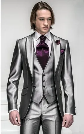 Nieuwe aankomst slim fit zilver grijs satijnen bruidegom smoking beste man piek revers groomsmen mannen bruidegom (jas + broek + tie + vest) H804