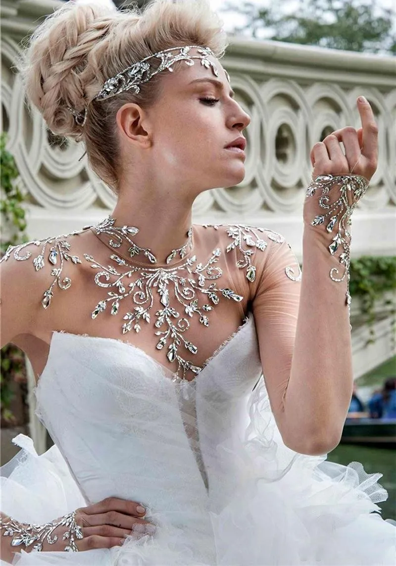 Strass Glamour Perlé Robes De Mariée 2016 Sheer Col Haut Illusion À Manches Longues Sirène Robes De Mariée Avec Train Détachable Vestidos