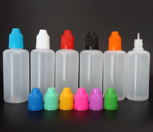 Garrafa plástica líquida do conta-gotas de 60ml LDPE E cig com os tampões Childproof coloridos e as garrafas longas finas da agulha plástica vazia para o suco de E