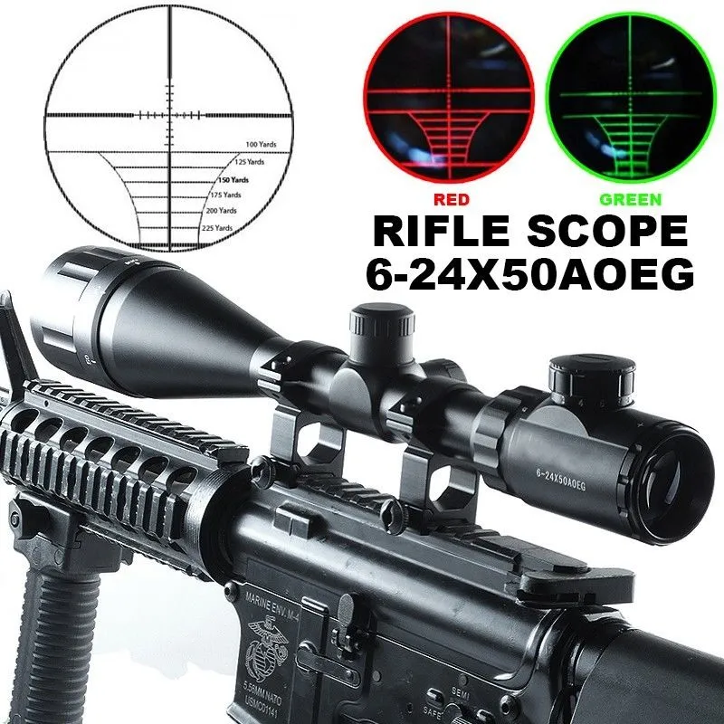 6-24x50AOEG czerwony zielony Mil-Dot podświetlana optyka luneta myśliwska W/pierścienie