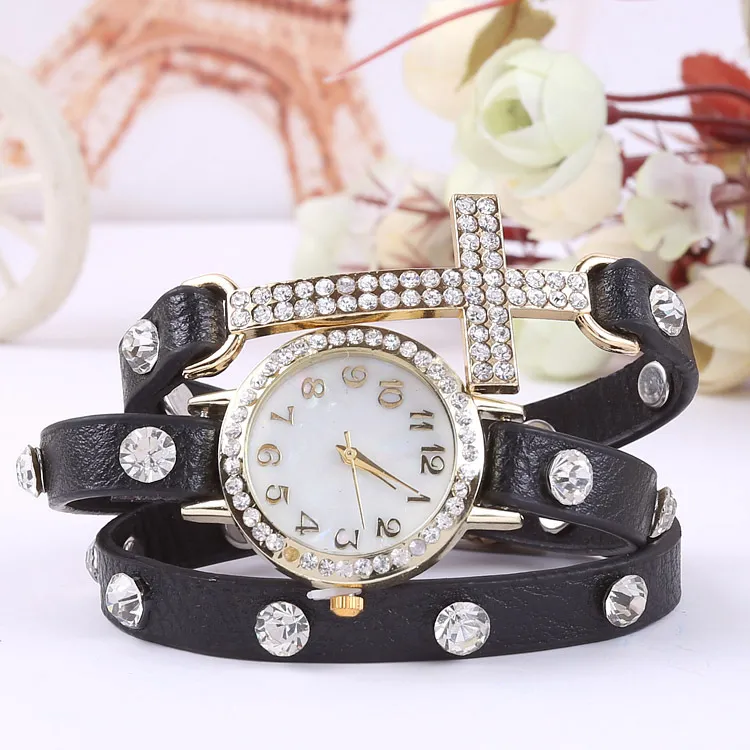 free shippng 2015 New women vintage drill bracelet women watches with cross,fashion leather strap quartz watches,women dress watches