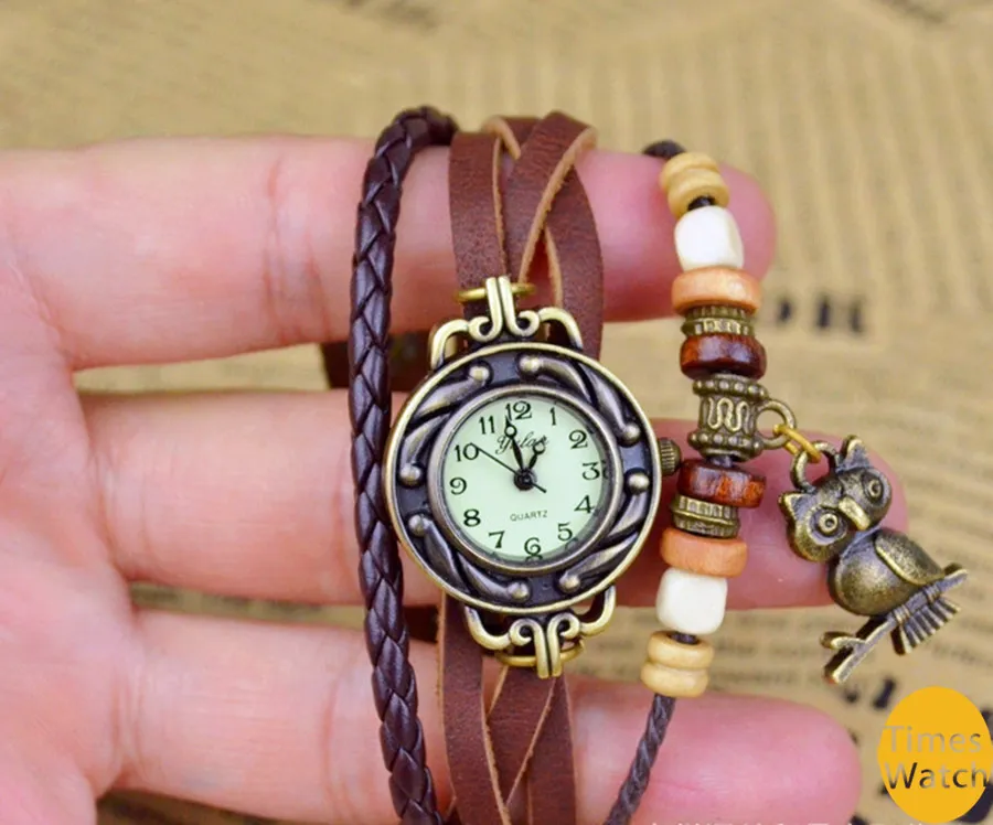 Gratis verzending Vintage stijl blad hanger lederen horloge voor vrouwen quartz bronsuren dames meisje armband horloge