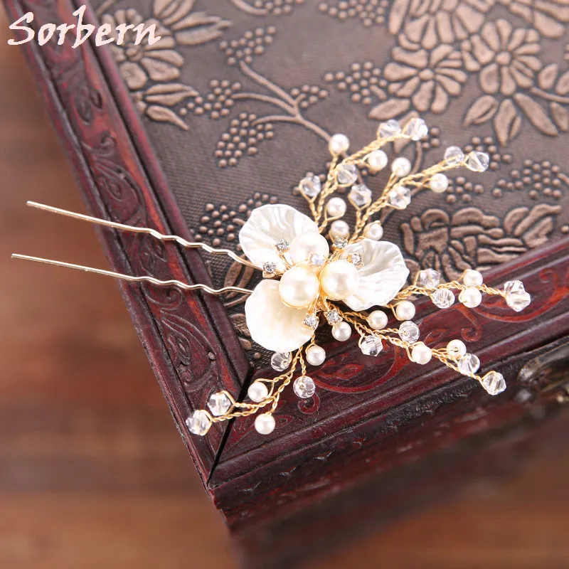 Gold Color Flower Leaf U Shape Hair Sticks Pearl Clip Vintage Hair Pins Wedding Accessories Crystal Bridal Head Piece