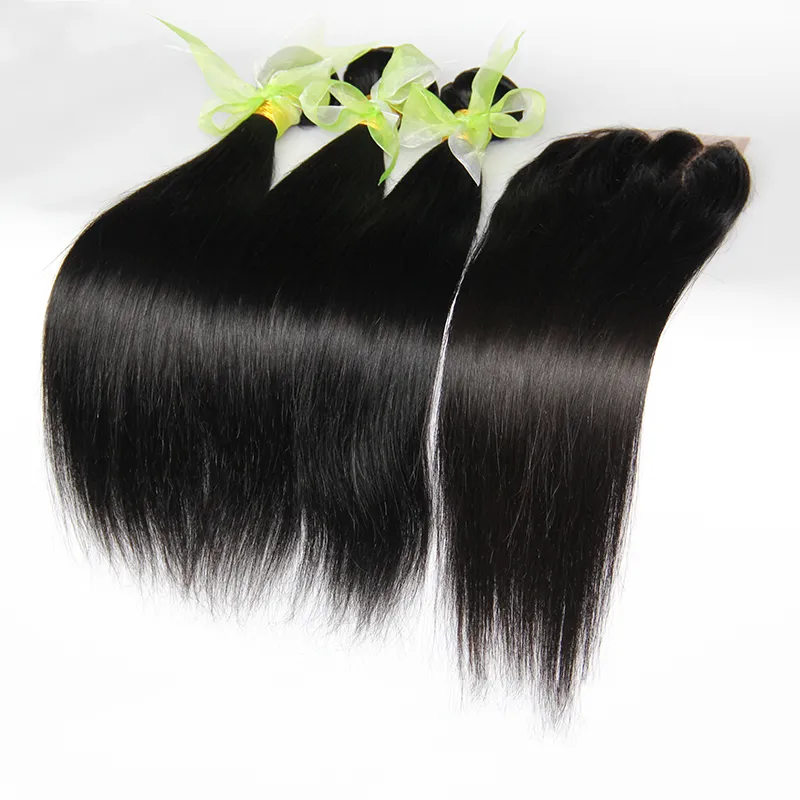 9a Koronki Zamknięcie z 3 Wiązkami Brazylijski Peruwiański Malezyjski Indian Virgin Proste Ludzkie Włosy Uwagi 100% Nieprzetworzone Remy Hair Extensions