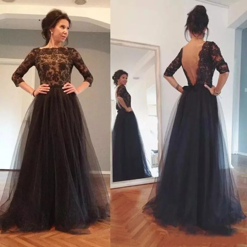 2017 Elegante pizzo nero Backless Illusion 3/4 manica lunga Top gonna in tulle Abiti per la madre della sposa Plus Size Custom Made EN110113