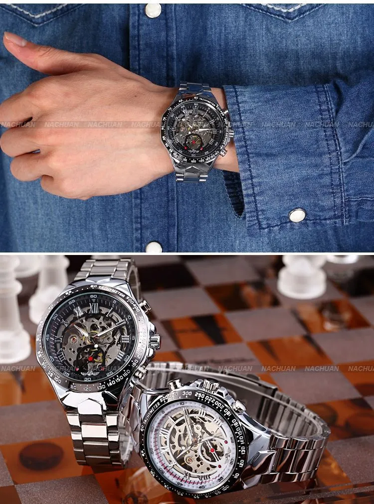 2024 New Winner Chronograph Clock Automatic Stainless Men Full Steel Skeleton Watch Men Mechanical Mens Watch Wristwatch For Men