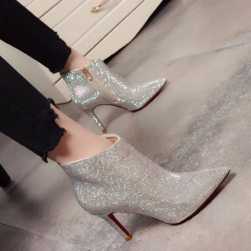 Chaussures de mariage en strass pour femmes, chaussures de luxe à talons hauts, longueur cheville, qualité supérieure, vêtements d'hiver 2018