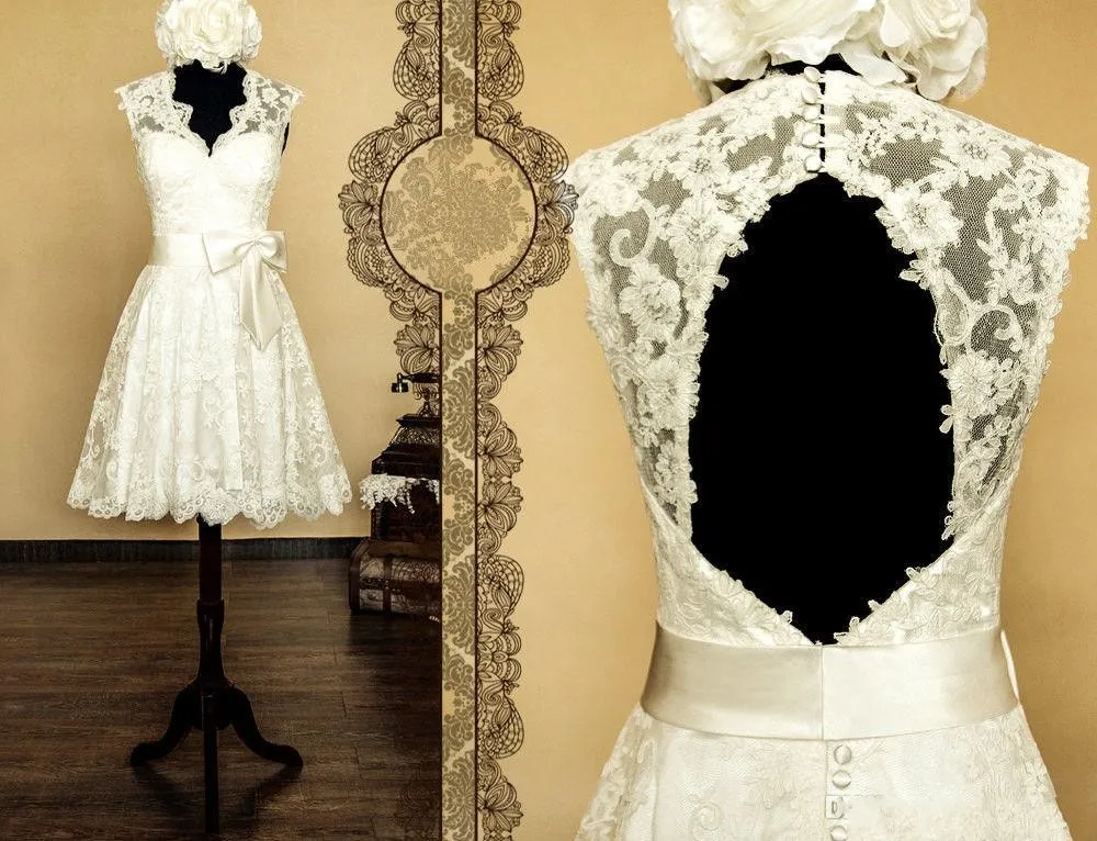 Kurze Vintage-Brautkleider aus Spitze mit V-Ausschnitt und Schlüsselloch, offener Rücken, Schleifenband, Brautkleid, knielang, schlichte Brautkleider