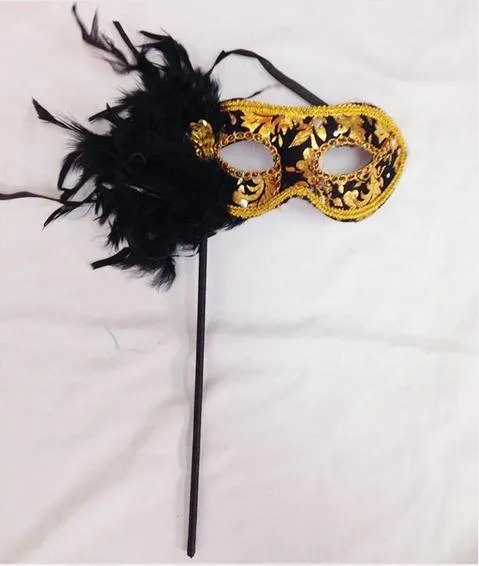 Máscara de impresión brillante de plumas de fiesta de moda con palo sexy mujer señora media cara máscara veneciana mascarada de Halloween máscara de Mardi Gras regalo