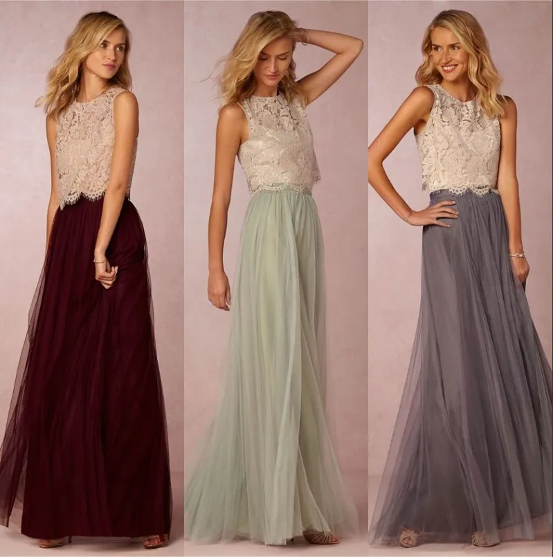 2017 New Trends Two Pieces Bridesmaid Dresses Lace Bodice Tulle Skirt Burgundy Grey Mint Sheer Crew Neck Full Length Elegant Prom Dresses