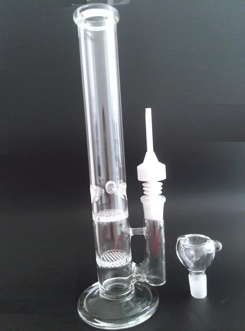 Glas vatten Bong Två Perc vatten Percolator Rökning med keramisk nagel Carb Cap Clear Pipe Disk Fog Storlek: 18.8mm Höjd: 30cm