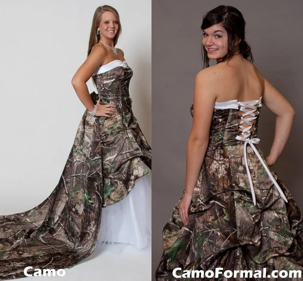 Gorgerous Camo Wedding Dresses Strapless Camp Bridal Dress Overskirt Wedding Gowns Plus Size Natural Forest Wedding Chapel Train Custom Made