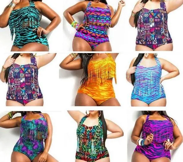 Aztec Tiger Snake Plus Size High Waist tryckt Bikini Chubby Dam Sexig Fringe Tofs Baddräkt Push Up Vadderad BH+trosor Badkläder Baddräkt