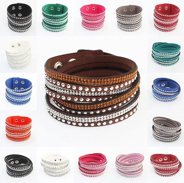 17 couleurs Bracelets tissés multicouches strass diamant cristal chaîne en cuir Bracelets bracelet de tennis coloré charmant bijoux pour femmes