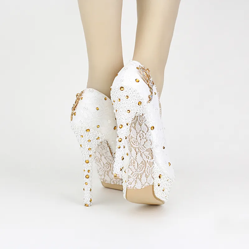 Chaussures de fête de mariage en dentelle blanche personnalisées, plates-formes en cuir véritable pour femmes avec perle, talon de 5 pouces, chaussures de mariée gracieuses