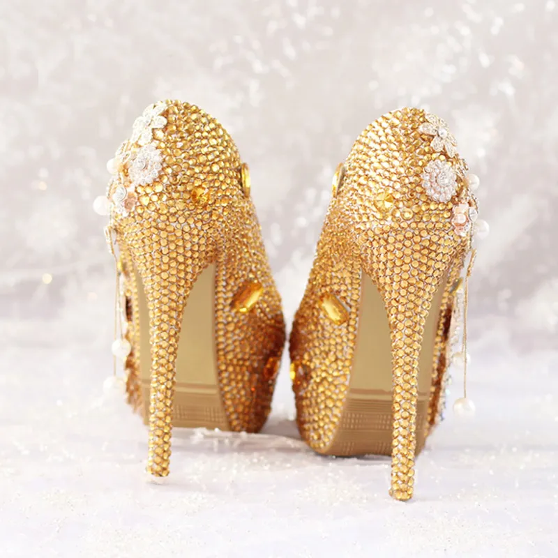 Glitter Gold Rhinestone Wedding Shoes 5 Inches High Heel Party Pumps Bling Diamond Evening Prom Heels Celebrity Function Shoes