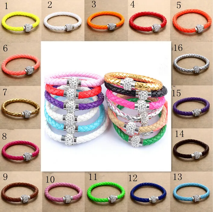 New MIC Shambhala Weave Leather Czech Crystal Rhinestone Cuff Clay Magnetic Clasp Bracelets Bangle