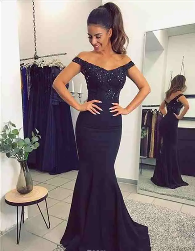 2021 Elegant Appliqued Afton Dress V Neck Off Axel Formell Klänning Prom Kappa Golvlängd Skräddarsy Maermaid Dress