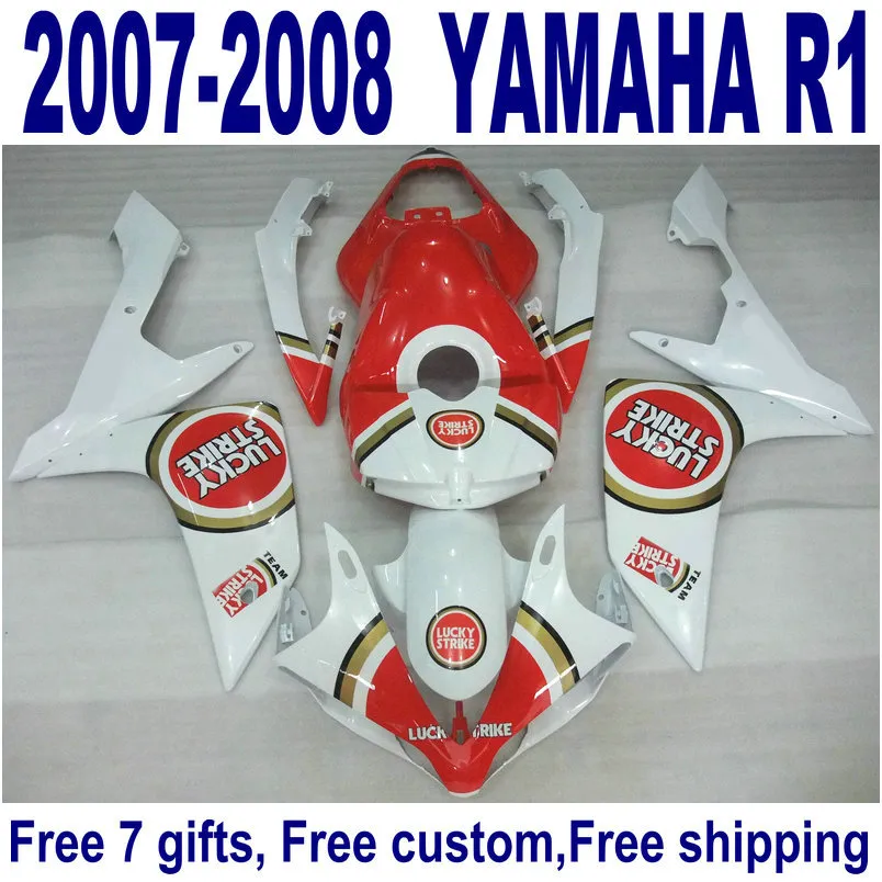 Gratis Anpassa Fairings Set för Yamaha YZF R1 07 08 Vit Röd Lucky Strike Fairing Kit YZF-R1 2007 2008 ER37 + 7 Presenter