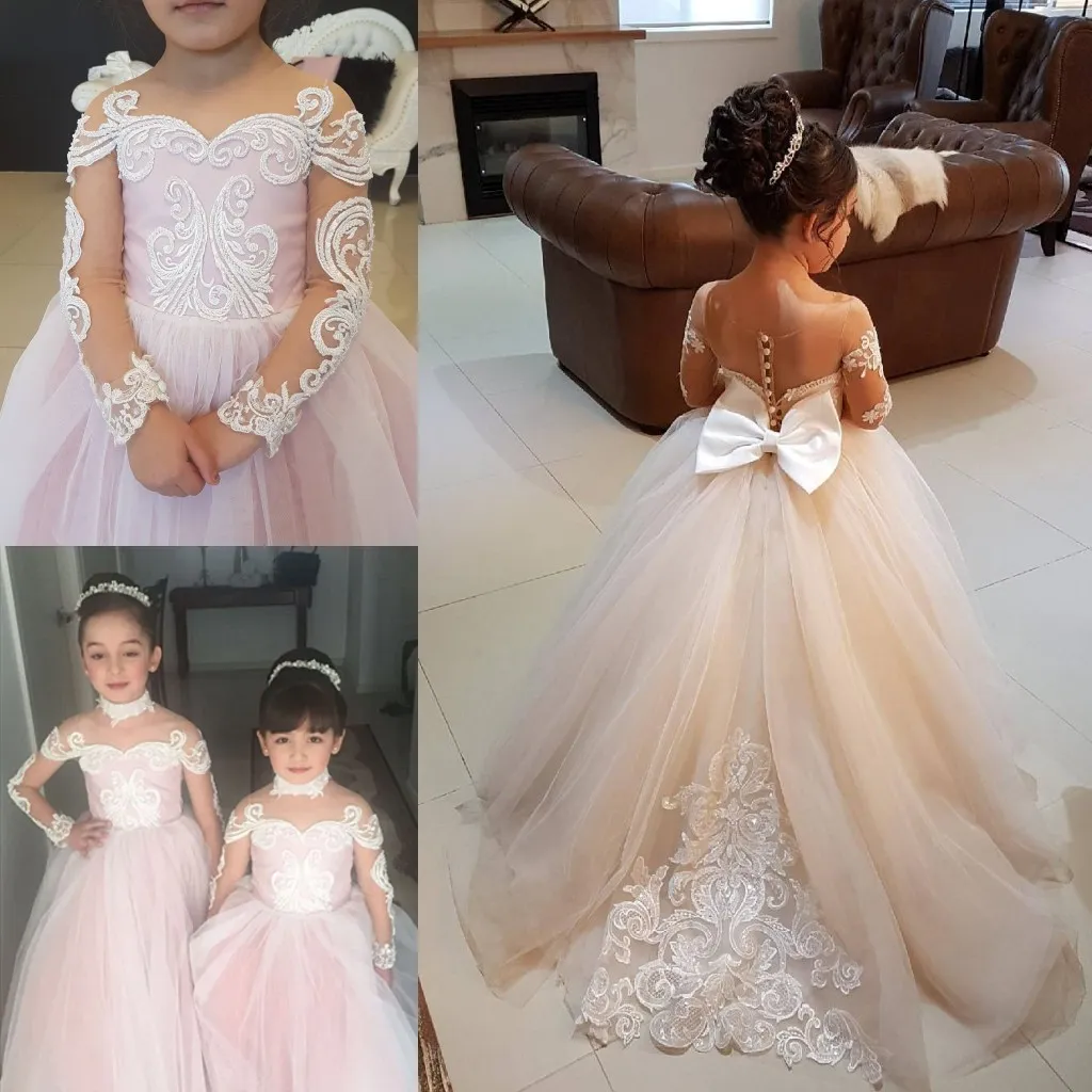 New Lovely Pink Tulle Maniche lunghe Matrimoni Abiti da ragazza di fiori con girocollo Bowknot Applique in pizzo Perle di perline Abiti da spettacolo per ragazze