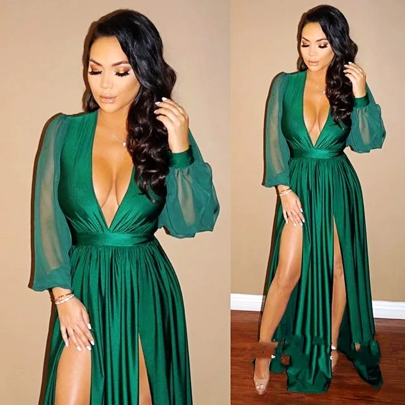 Hunter Long Sleeves Prom Dresses Plunging Neckline Front Split Evening Dress Chiffon Pleats A Line Sexy Cocktail Party Gowns