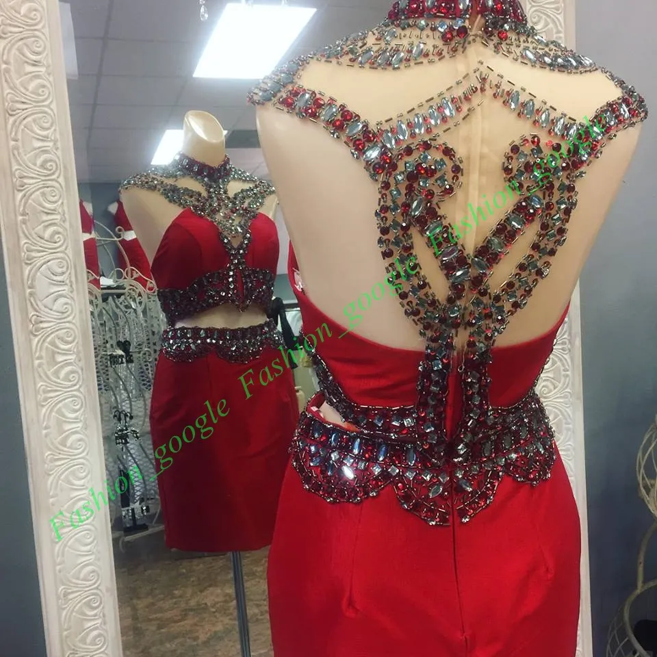 Vestidos de 15 cortos Bling Bling Kristaller ile 2 Parça Kırmızı Mezuniyet Elbiseleri Boncuklu Yüksek Boyun Kısa Pageant Elbise Fermuar Geri Real Resimleri