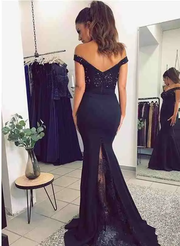 2021 Elegant Appliqued Afton Dress V Neck Off Axel Formell Klänning Prom Kappa Golvlängd Skräddarsy Maermaid Dress