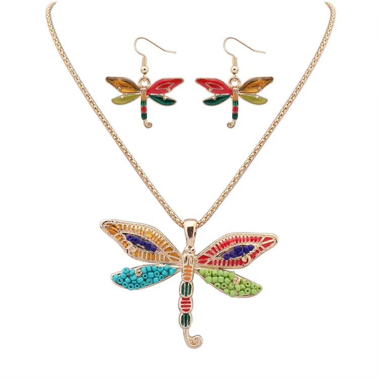 Ny Punk Style Fashion 18kgp / 925 Silver LifeLike Drip Rainbowful Dragonfly Shape Smycken Set Legering Halsband Örhängen Tillbehör för kvinnor