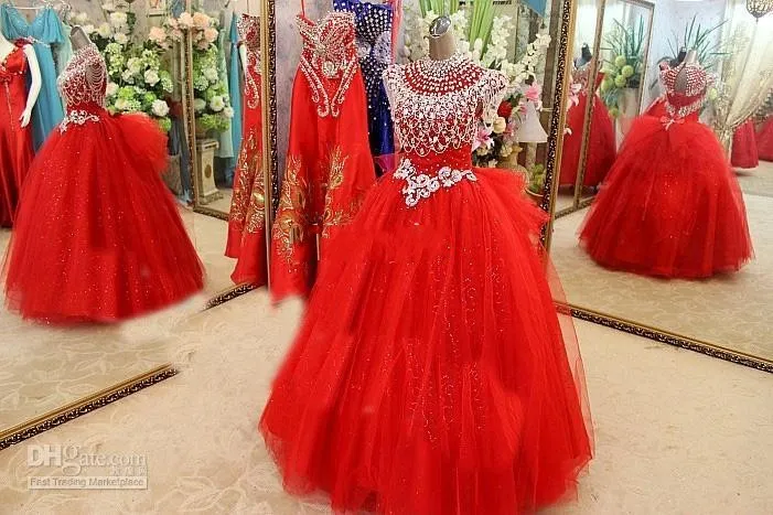 Luxury Christmas Girl Pageant Dresses Cap Sleeve Major Beads Crystals Party Dresses For Girls Tulle Red Flower Girls Dress Real Images