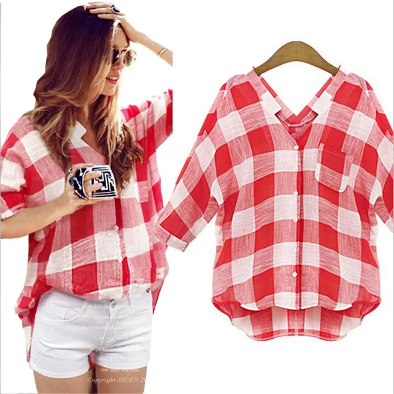 Europe Station 2015 été femmes plaid blouses à manches lâches chemises loisirs loisir manches chauve-souris chauve-souris v-cou, plus la taille en mousseline de soie tops manches manches moins de 12 $