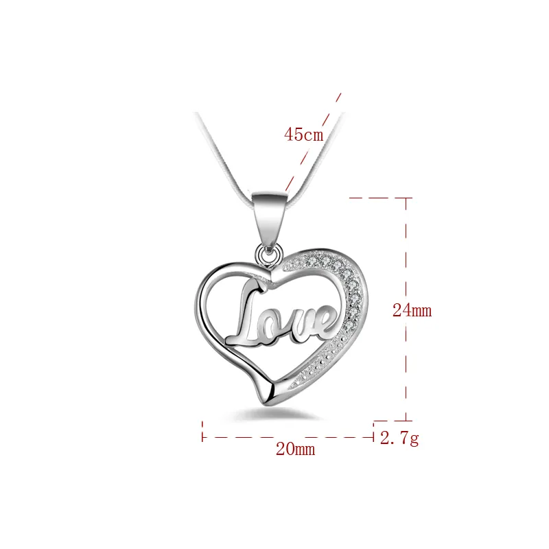 Kostenloser Versand Mode hohe Qualität 925 Silber Liebe Herz mit Diamantschmuck 925 Silber Halskette Valentinstag Urlaub Geschenke Hot 1705