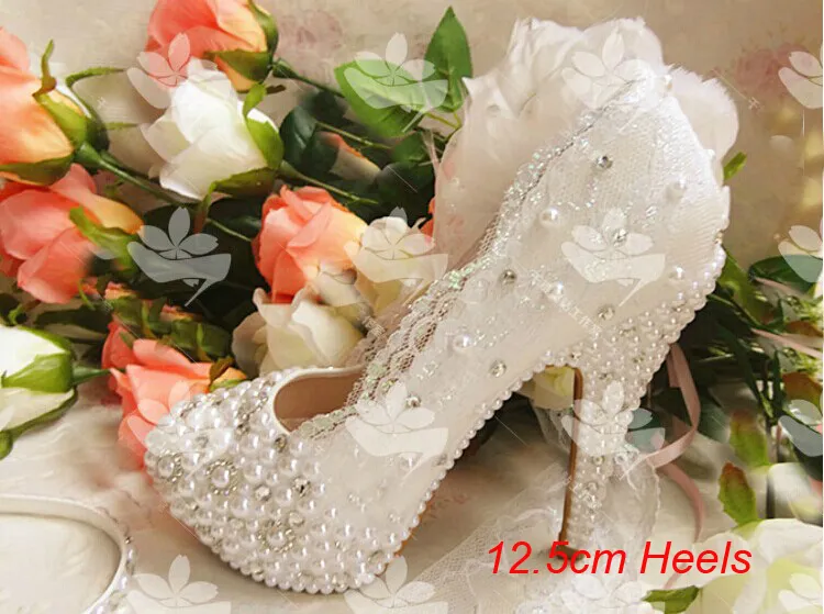 Elegant bröllop brud klänning skor med spets applique pärlstav rhienstone party prom skor kvinna vita brudtärna skor