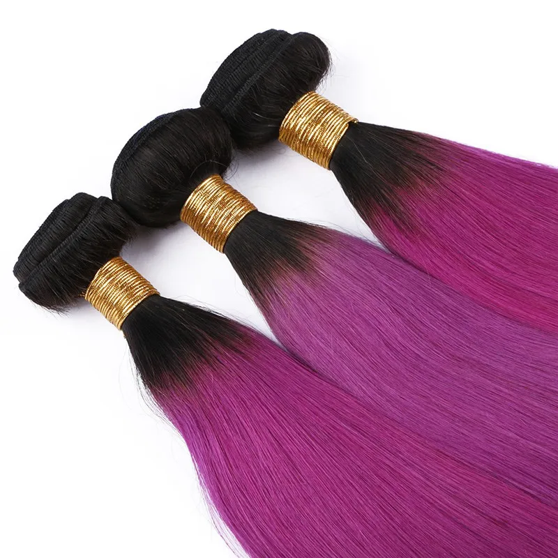 Droite 1B Rose Chaud Foncé Racine Ombre Péruvienne Vierge Extensions de Cheveux Humains Rose Rose 2Tone Ombre Vierge Remy Bundles de Tissage de Cheveux Humains