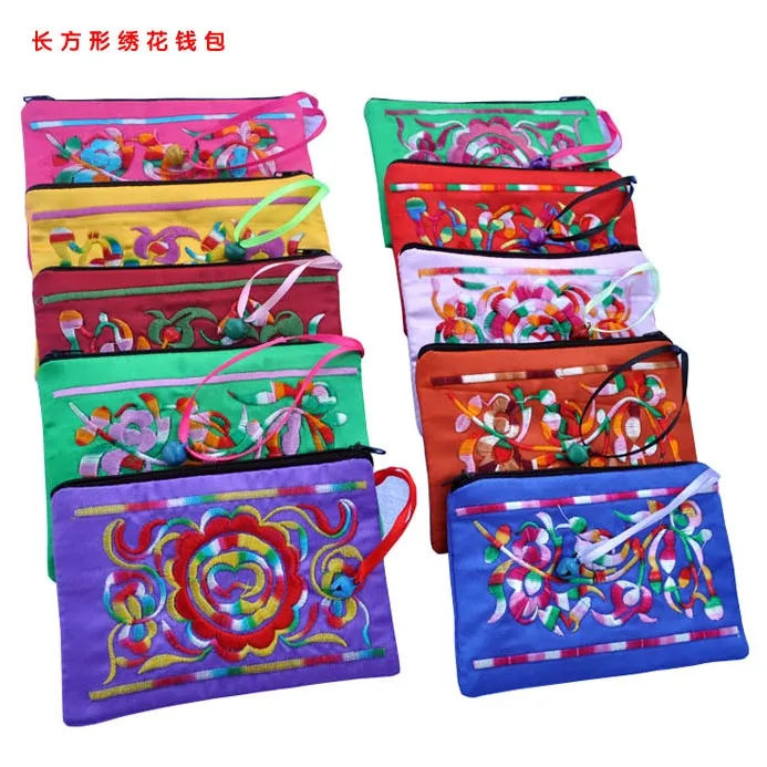 Bells Chinese style Embroidery Small Satin Pouch Zipper Jewelry Gift Bag Card Holder Women Coin Purse Packaging size 15.5 x 11.5 cm