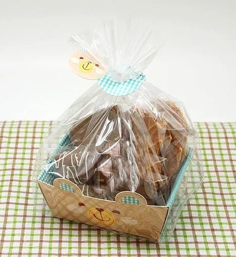 Söt björn genomskinlig platt öppen toppväska cakecookie wrappers, godis, paket / = 1bag +1 pappersbas + klämma slips